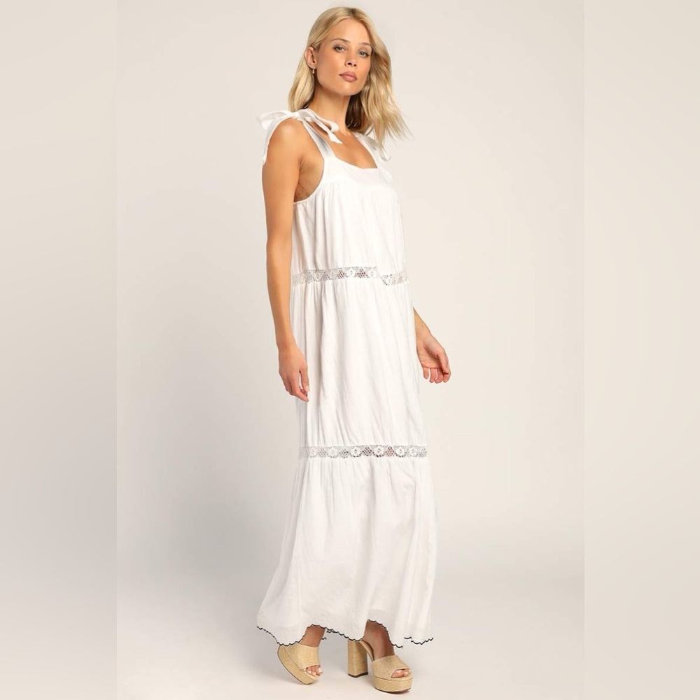 Lulus Angelic‎ Essence White Lace Jacquard Tie-Strap Tiered Midi Dress Small